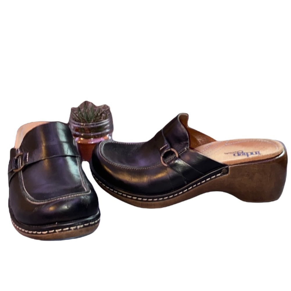 Indigo By Clarks Black Wooden Clogs Leather